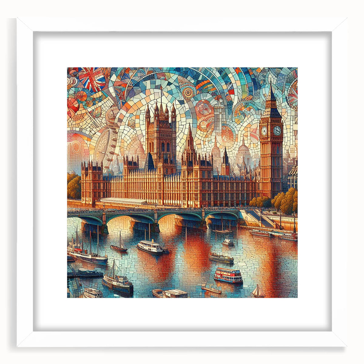 Textured abstract art print of London scenery in muted gray tones on a framed white mat, suitable for bedroom decor.