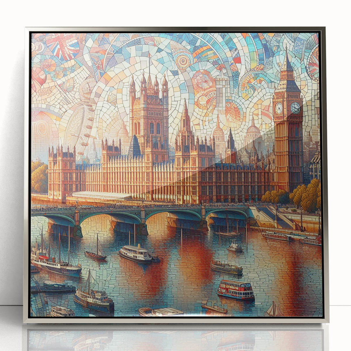 Large art print of London scenery in muted gray tones on framed acrylic, suitable for modern art wall decor.