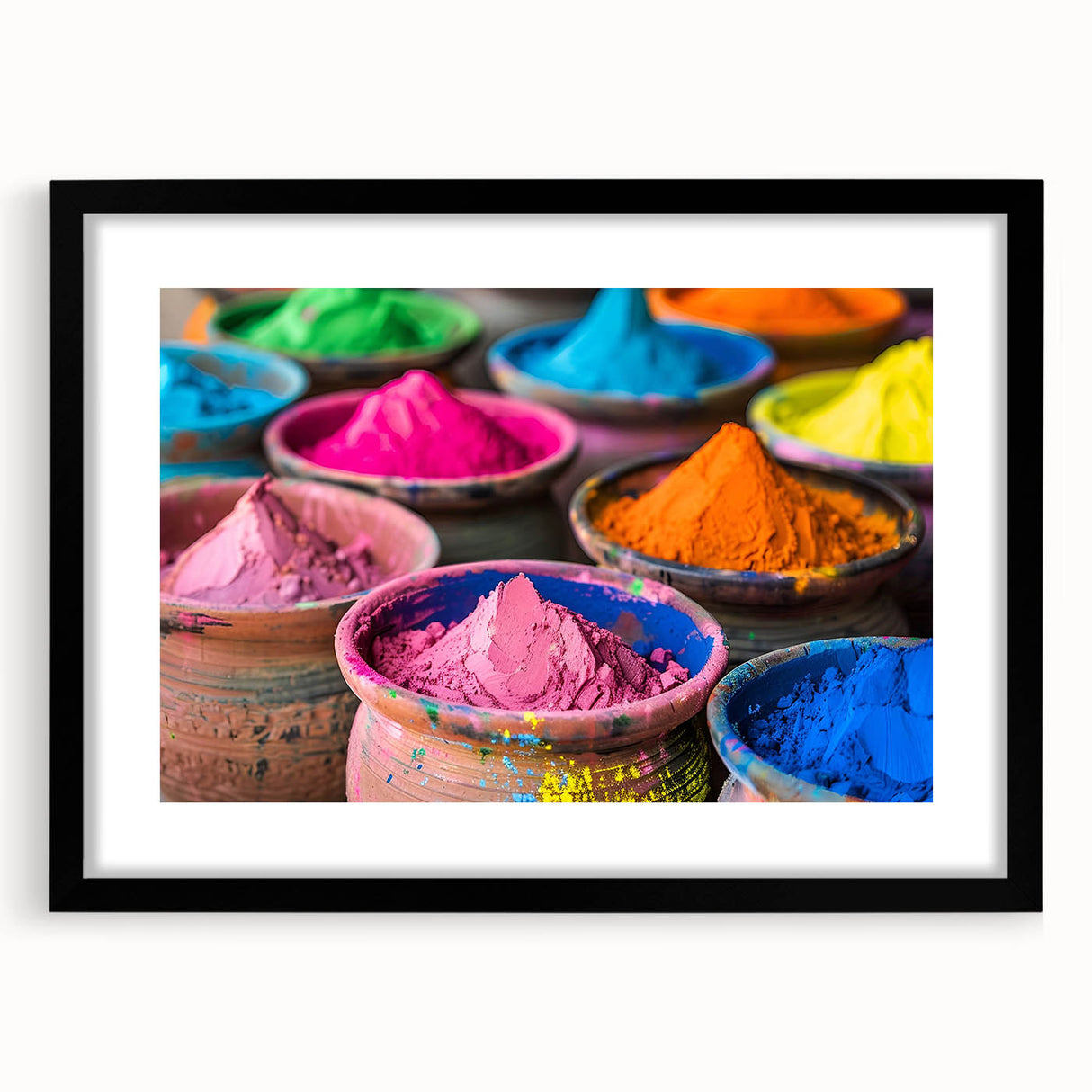 Extra large abstract art print depicting a colorful, textured Indian scenery on a framed black matte canvas.