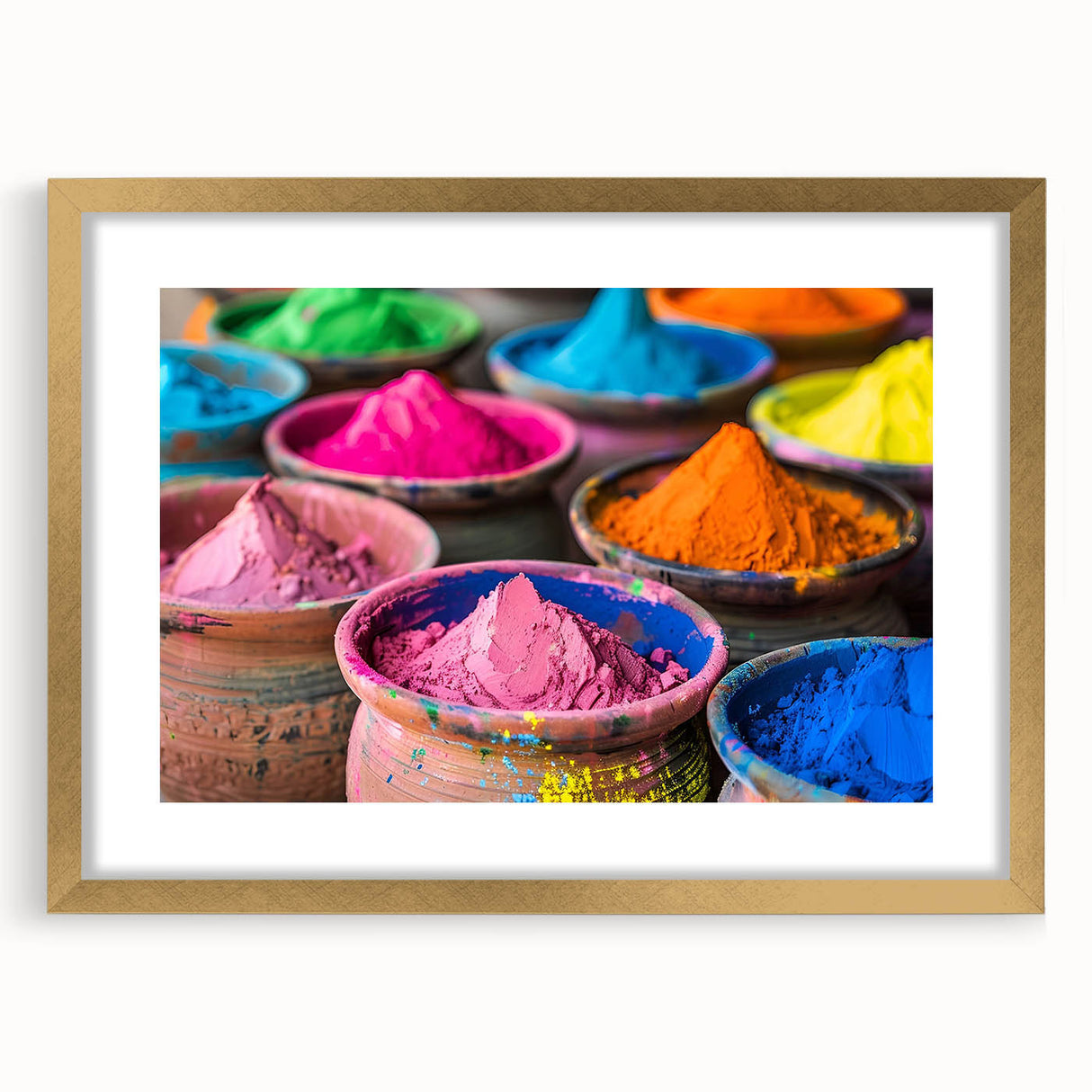 Extra large abstract art print of an Indian landscape in earthy tones, framed with a gold mat, ideal for living room decor.