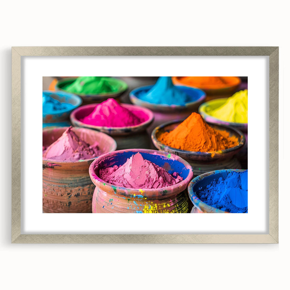 Textured art depicting an abstract Indian landscape in muted earth tones on a framed silver mat, suitable for bedroom decor.