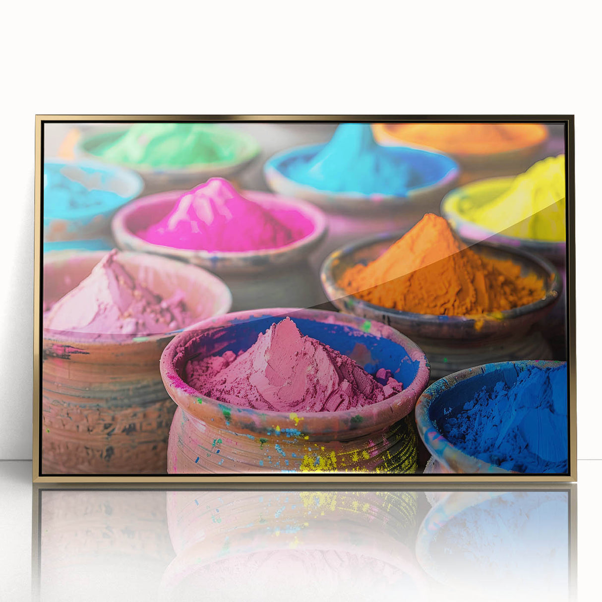 Large art print of an Asian Indian scenery in gold tones, framed acrylic, perfect for modern art wall decor.