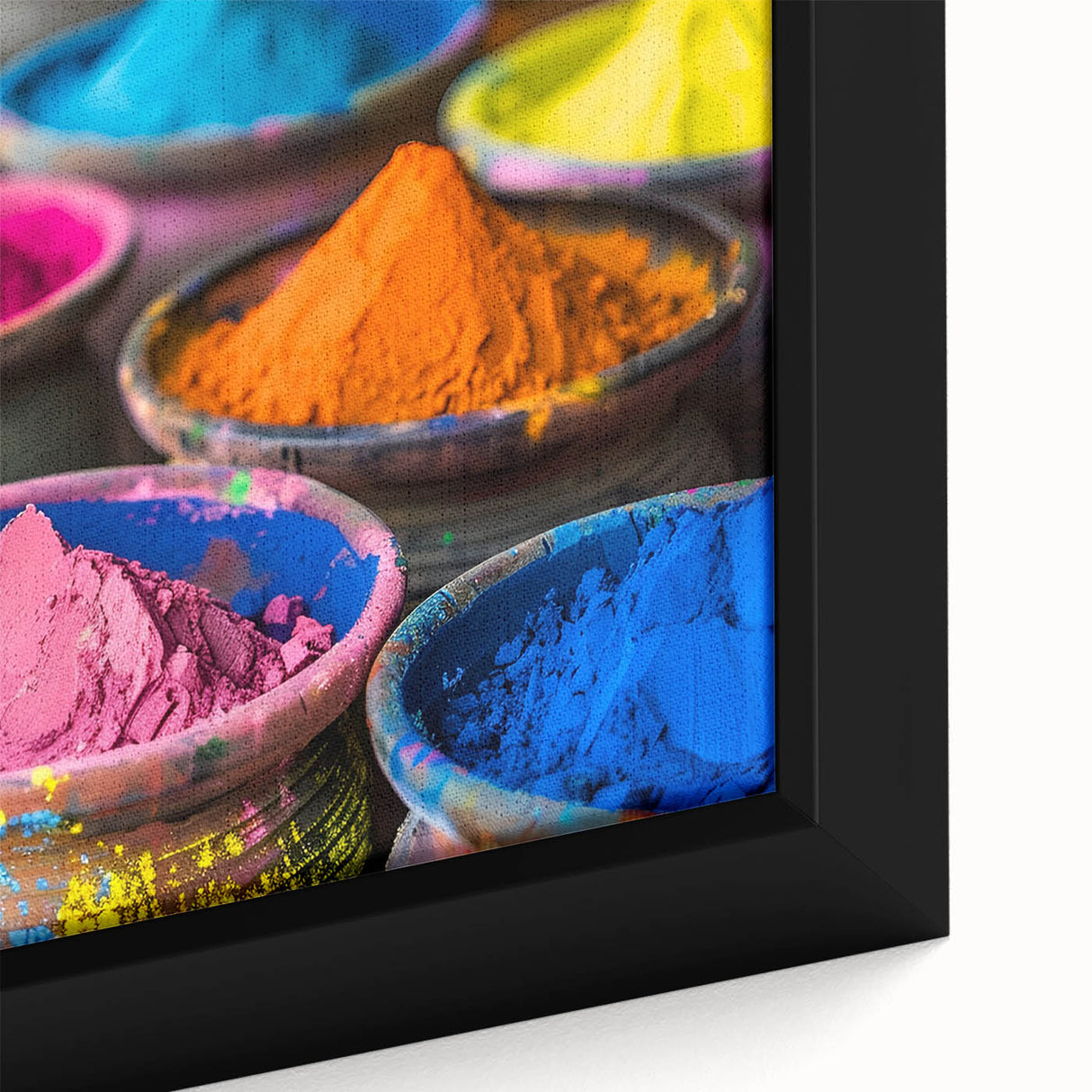 Extra large framed canvas featuring a textured, colorful depiction of an Indian scenery in black with vibrant accents.
