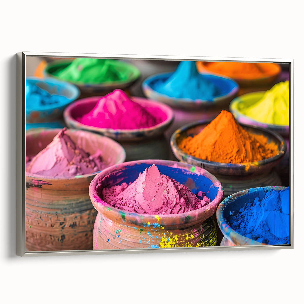 Landscape art painting of a scenic view in India, featuring vibrant colors on a framed canvas, ideal for living room decor.