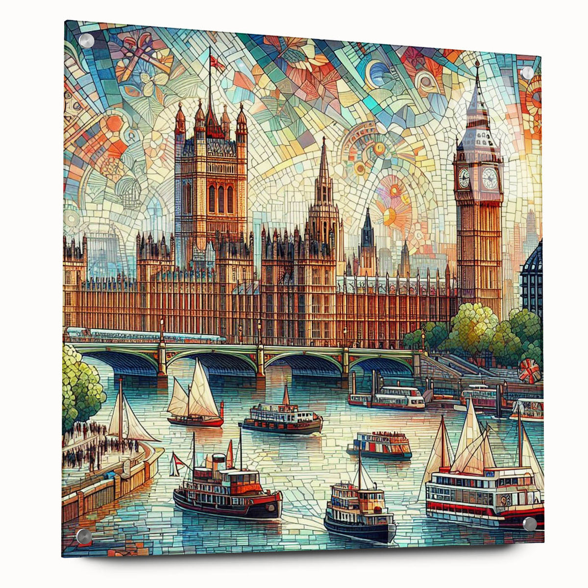 Acrylic print of London skyline in muted colors, suited for bedroom or dining room decor.