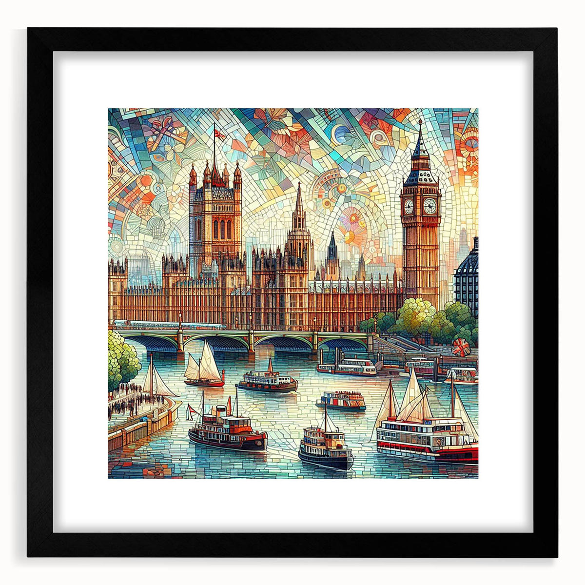 Colorful abstract art print of London scenery in a black frame, ideal for living room decor, featuring vibrant.