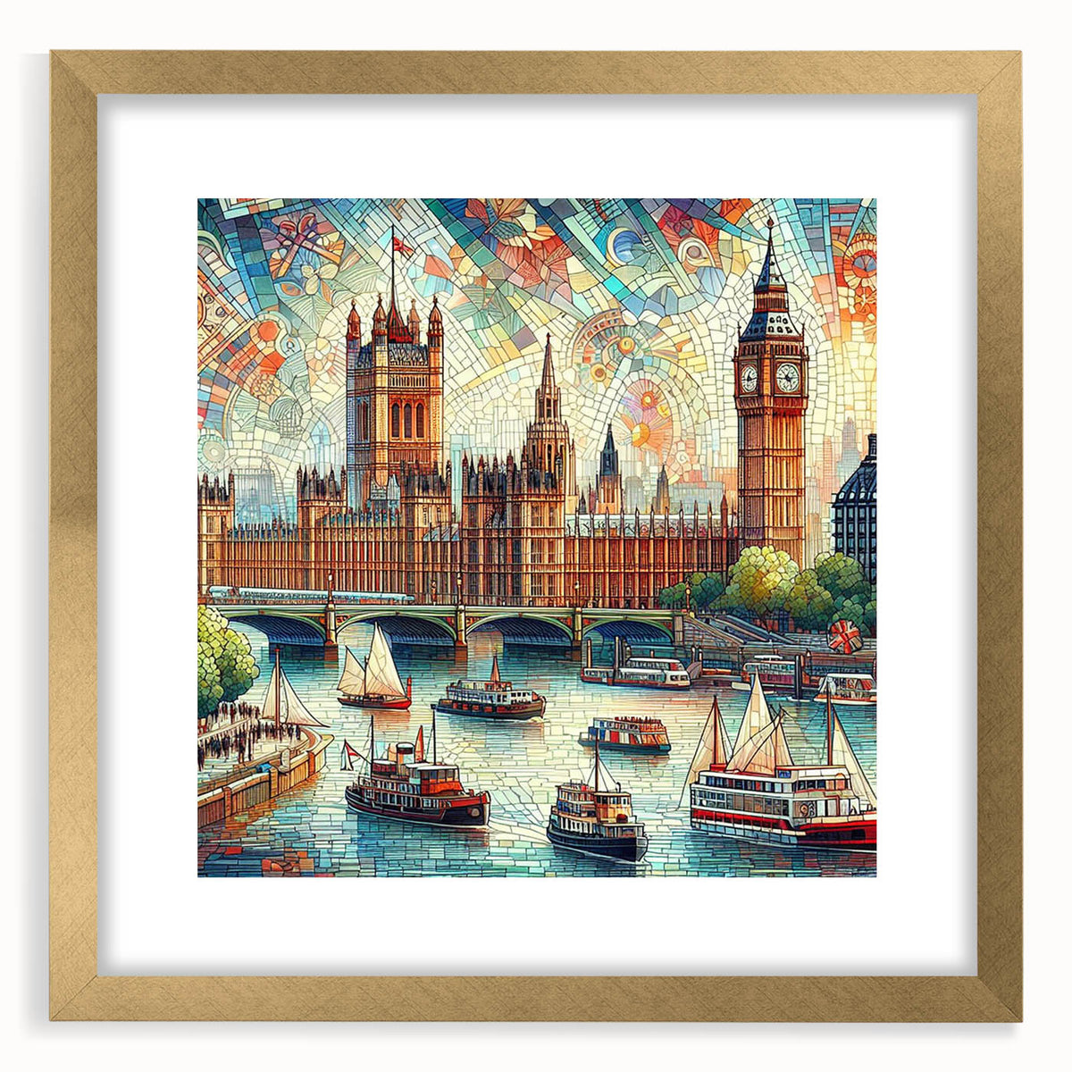 Abstract art print of London skyline in muted gray and gold tones, framed with a gold mat, suitable for dining room decor.