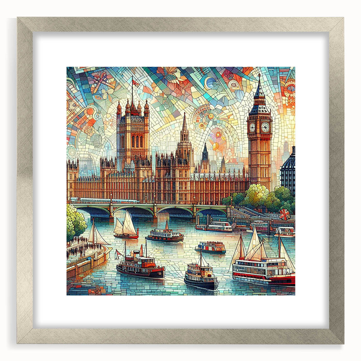 Extra large abstract art print of London scenery in muted gray tones, framed with a silver mat, ideal for living room decor.