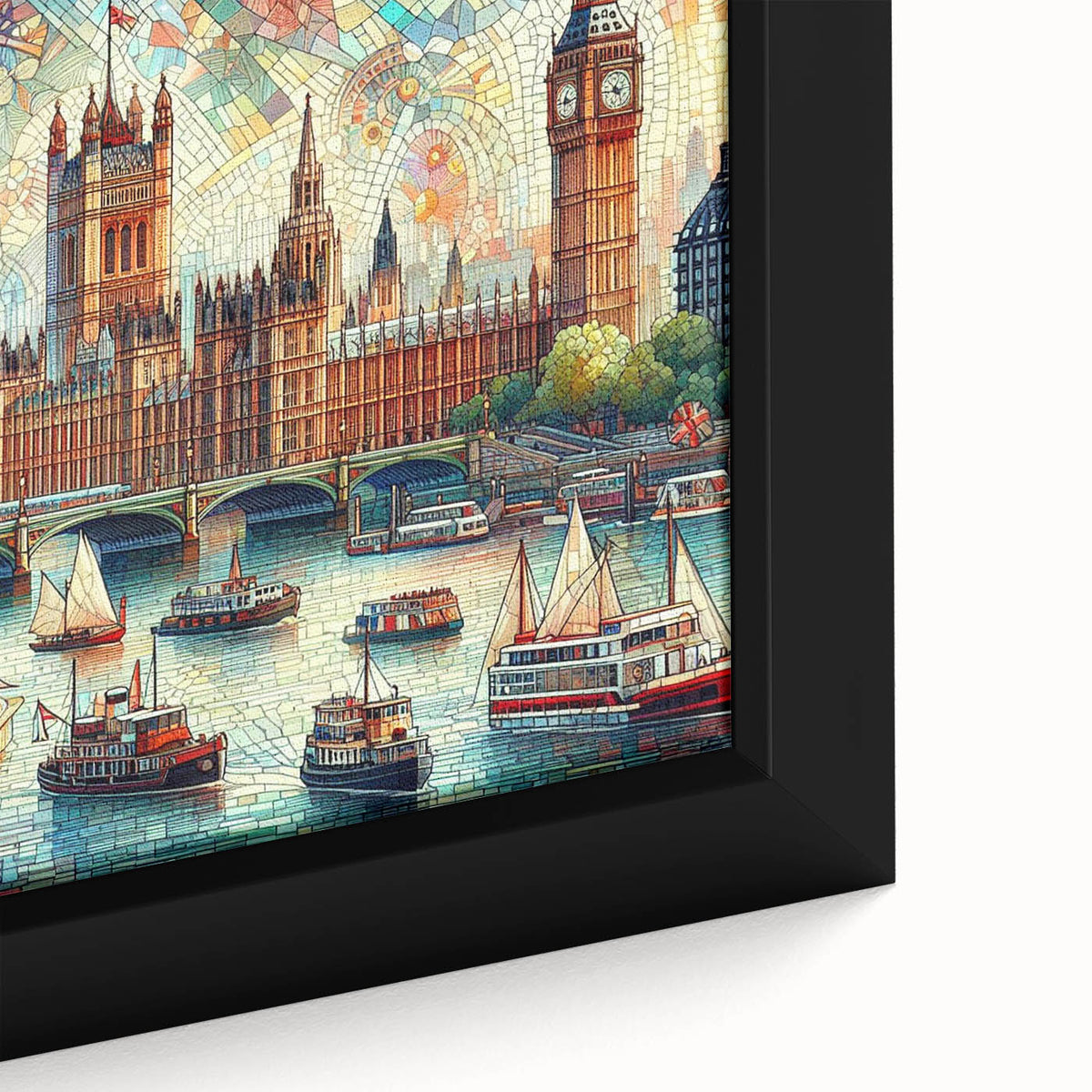 Black wall art depicting a textured London skyline with colorful accents on a framed canvas.