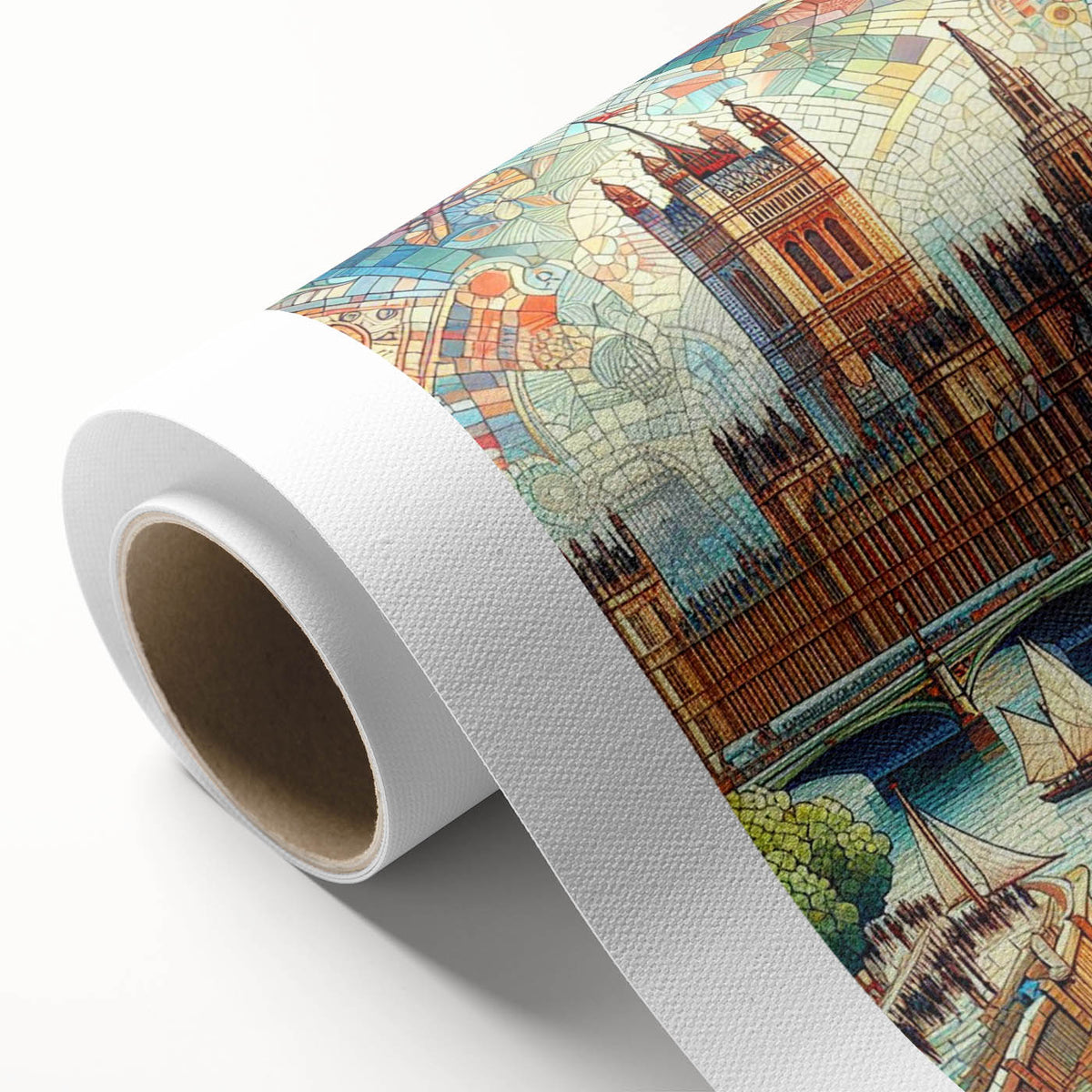 Art Deco poster of London skyline in pastel shades on rolled canvas, ideal for nursery wall art.