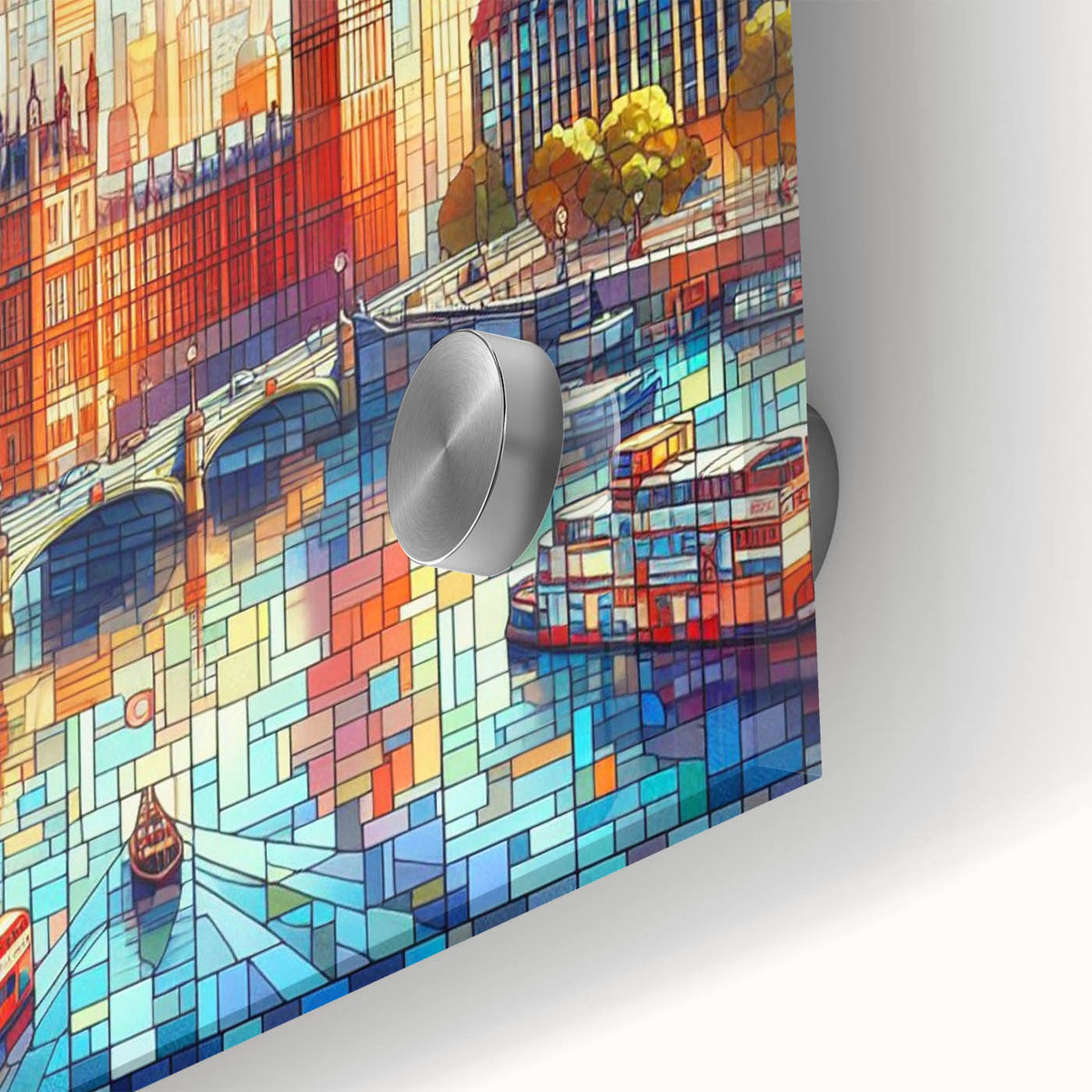 Large abstract depiction of London scenery in muted gray and blue tones on acrylic glass, ideal for dining room art.