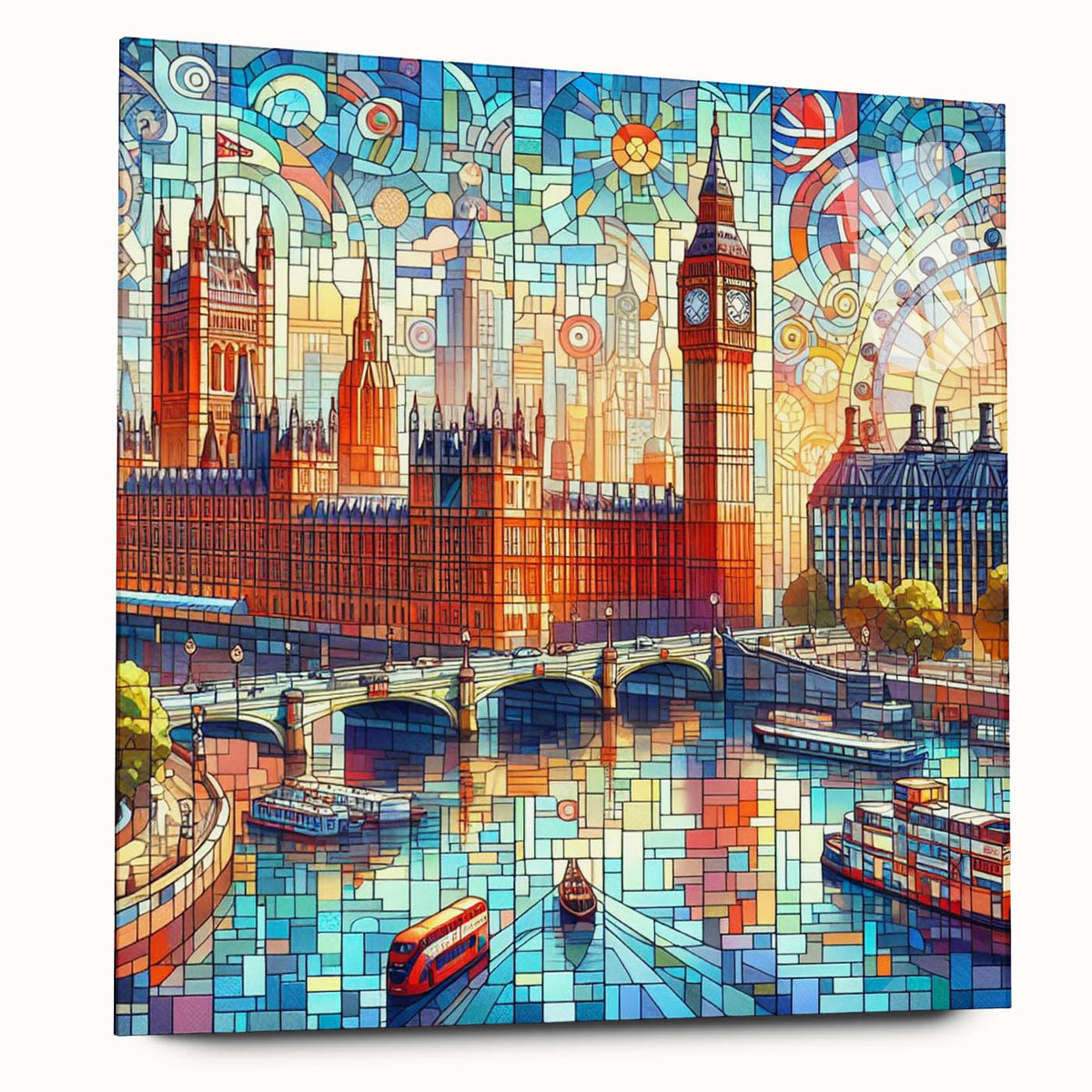 Large abstract depiction of the London skyline in muted gray and blue tones on acrylic glass.