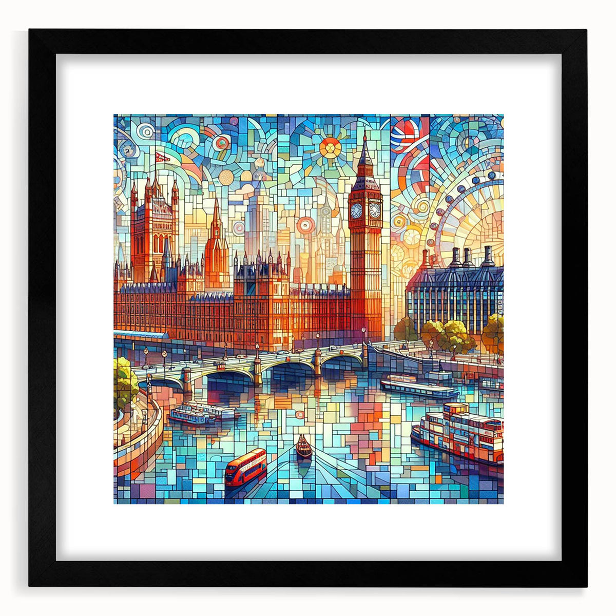 Abstract art print of London scenery in vibrant colors on a large textured canvas, suitable for living room decor.