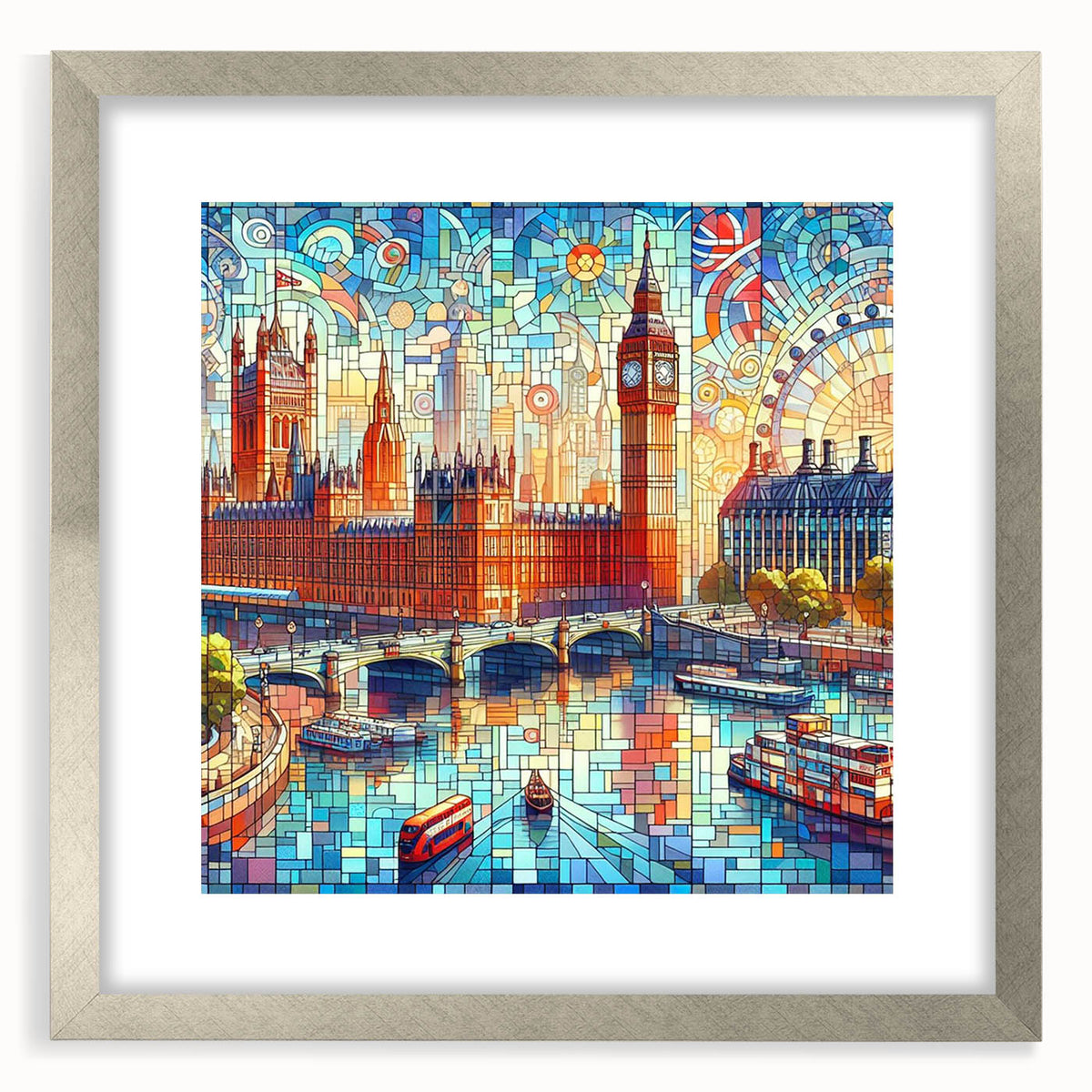 Extra large abstract art print of London scenery in textured silver frame, ideal for living room decor.