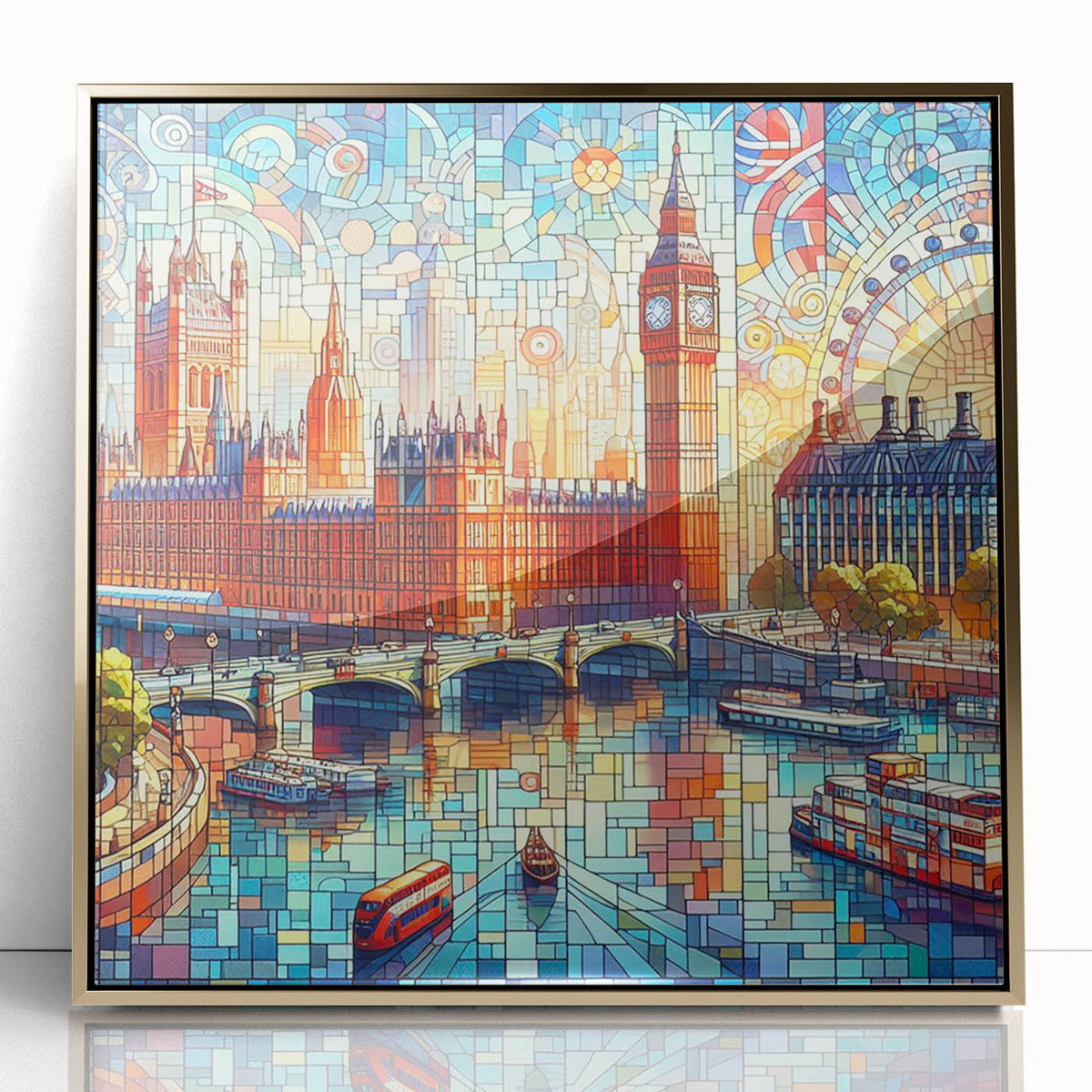 Art deco poster of London scenery in gold and black tones, acrylic framed, suitable for modern art wall decor.