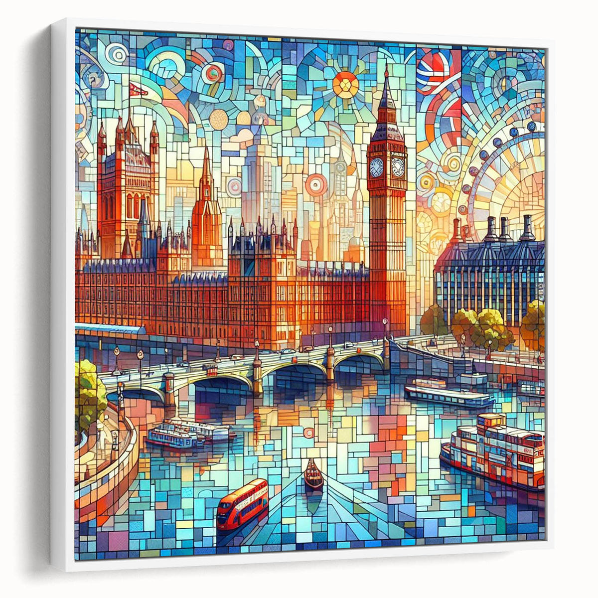 Vintage poster art of London landmarks in colorful tones on a large framed canvas, ideal for living room decor.