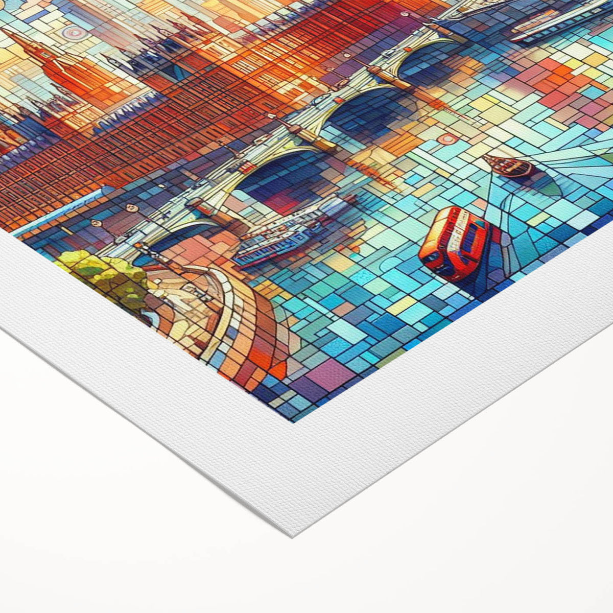 Art deco poster of London skyline in monochrome shades on rolled canvas, suitable for dining room decor.