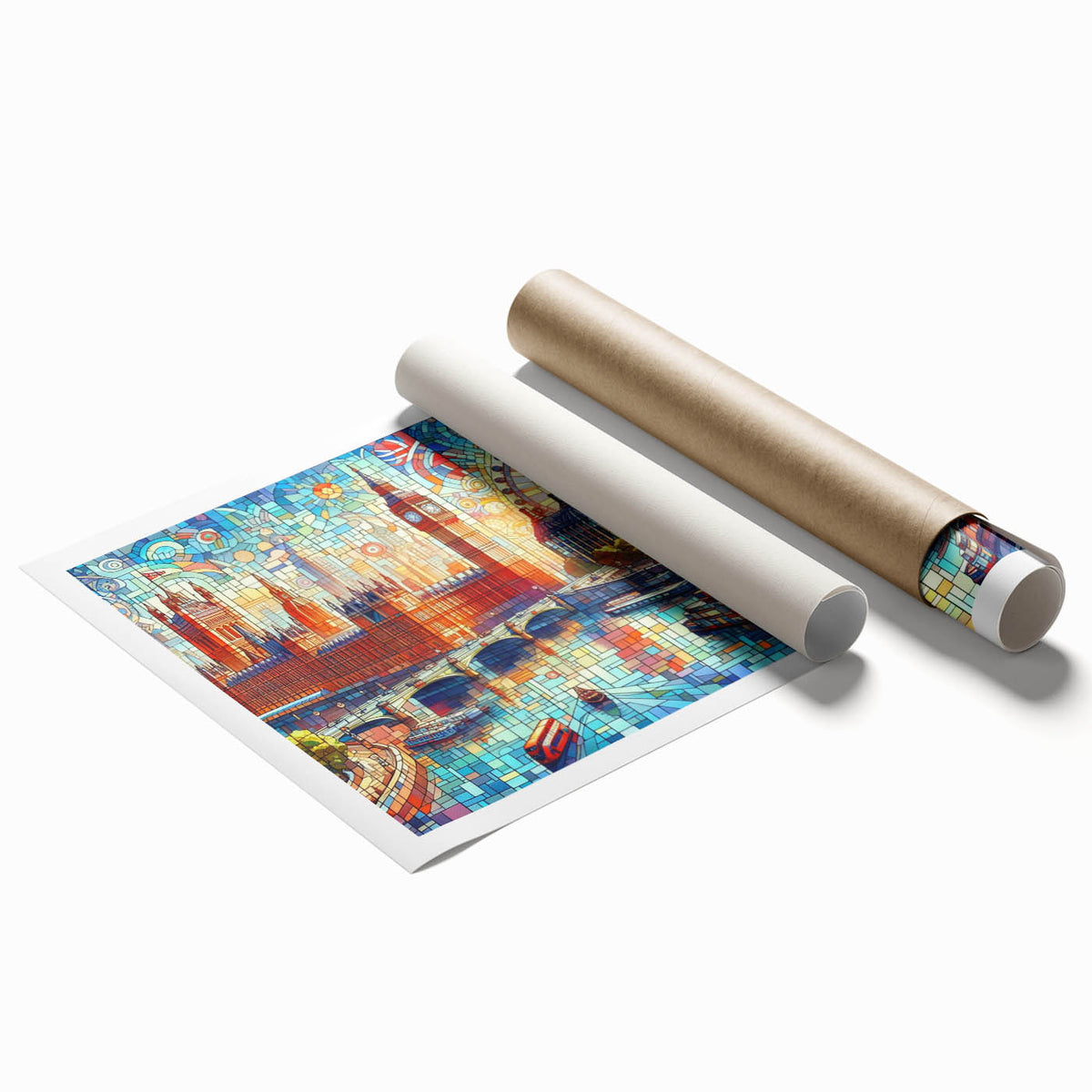Extra large rolled print of London scenery with muted floral accents, ideal for classy bathroom wall art.