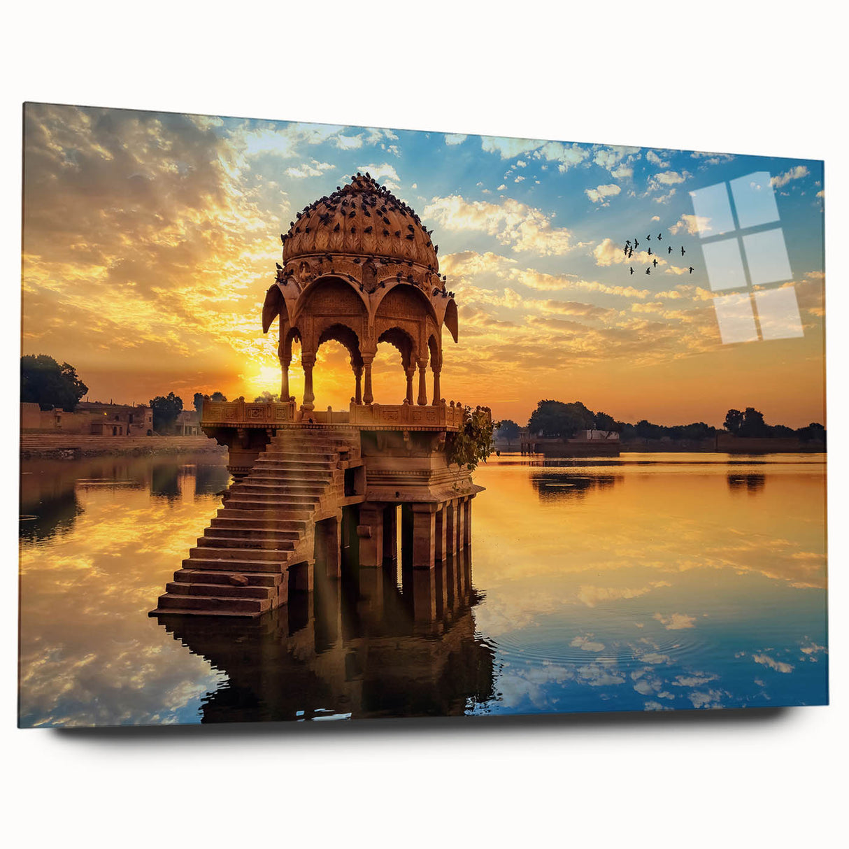 Large abstract wall art depicting a serene Indian landscape in earthy tones on acrylic glass.