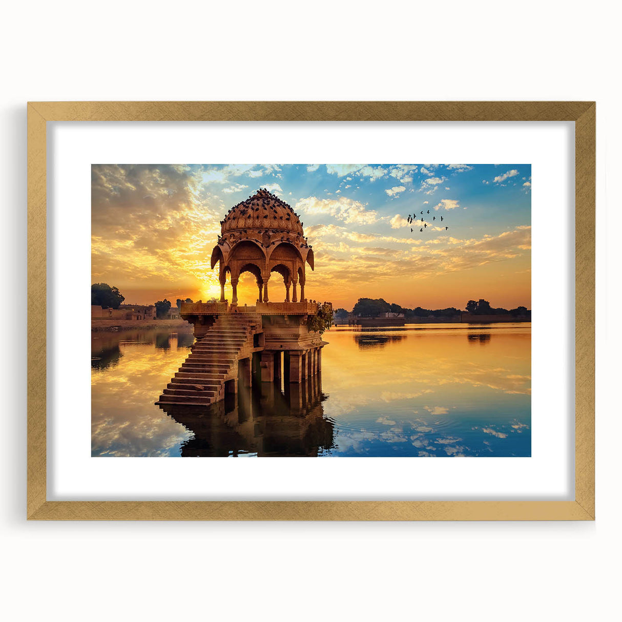 Extra large abstract art print of an Indian scenery in gold frame, textured design, suited for living room decor.