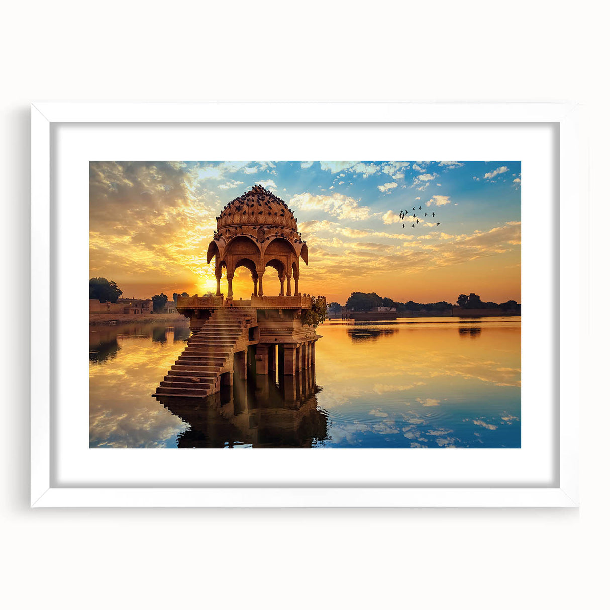 Abstract art print of a serene Indian landscape in soft earth tones on a framed white mat, suitable for dining room decor.