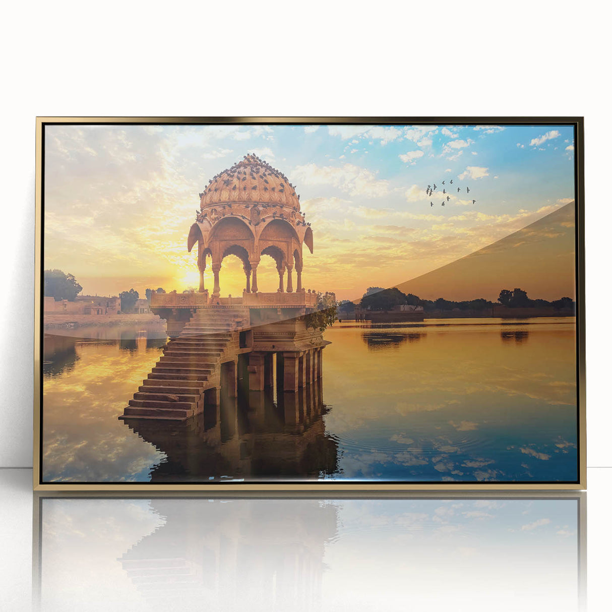 Mid-century modernist style acrylic print of an Indian scenery in gold tones, suitable for modern art wall decor.