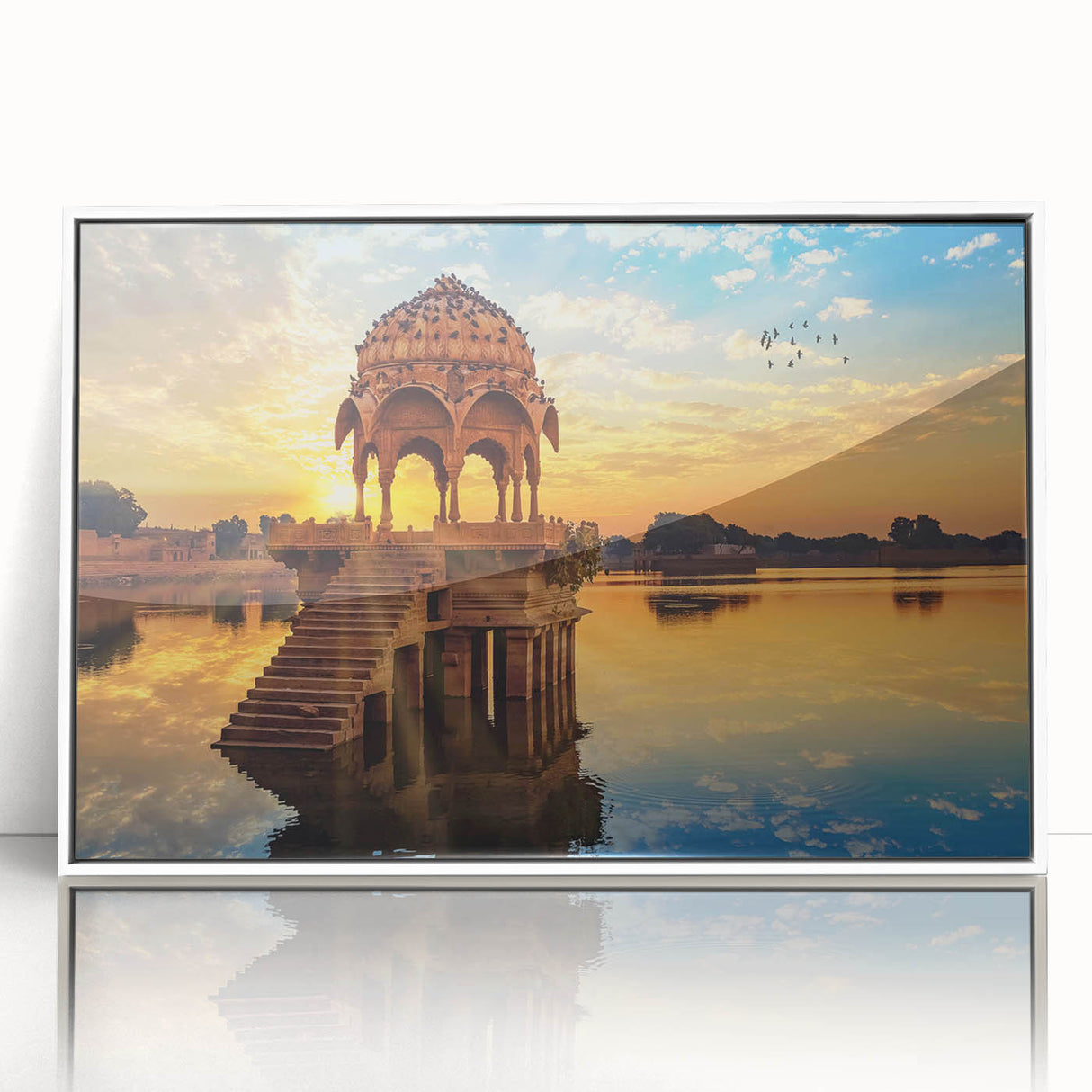 Acrylic print of a serene Indian landscape in soft pastel shades, framed in white, suitable for modern art wall decor.