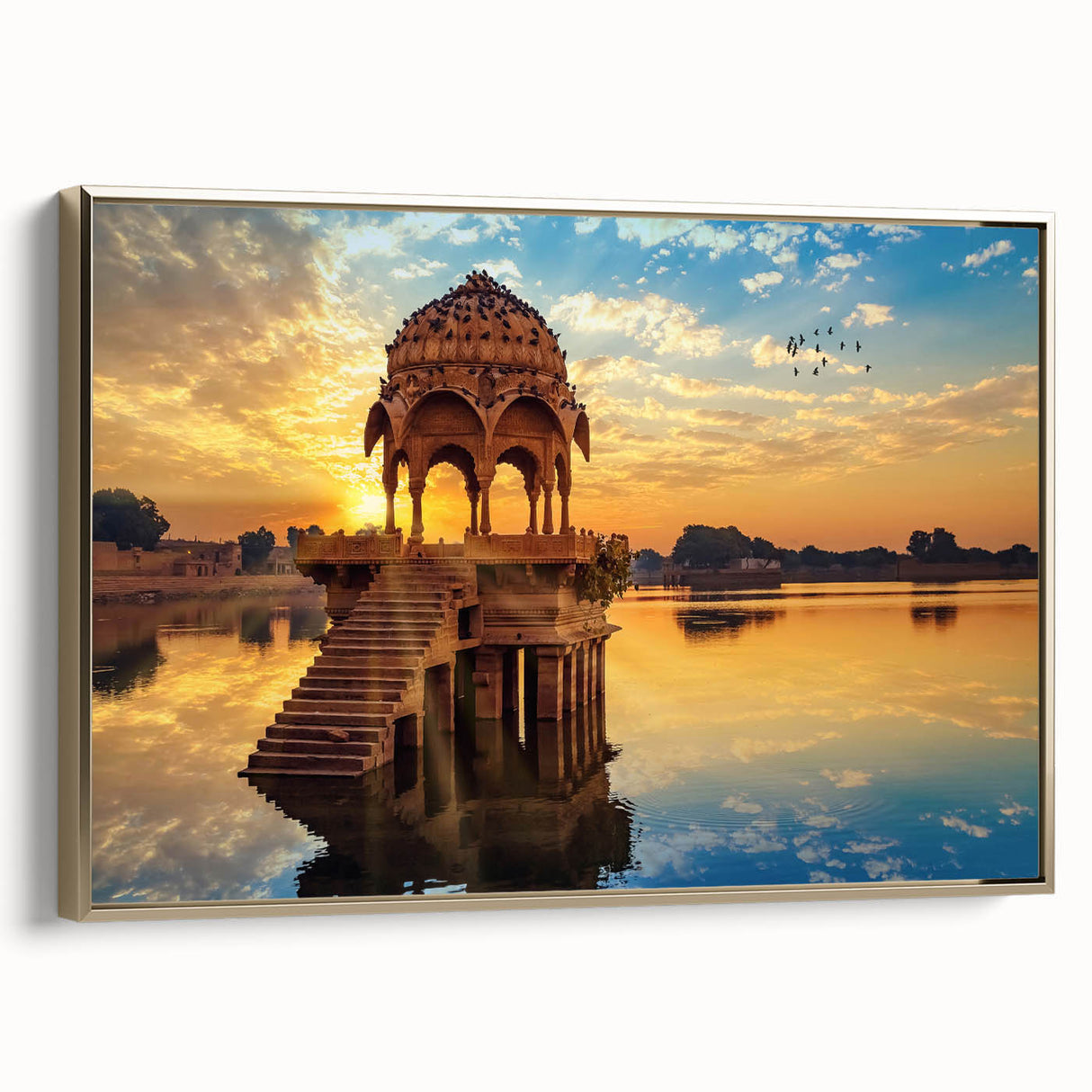 Framed canvas depicting a vintage-style Indian landscape in black and gold tones, ideal for bedroom wall art.