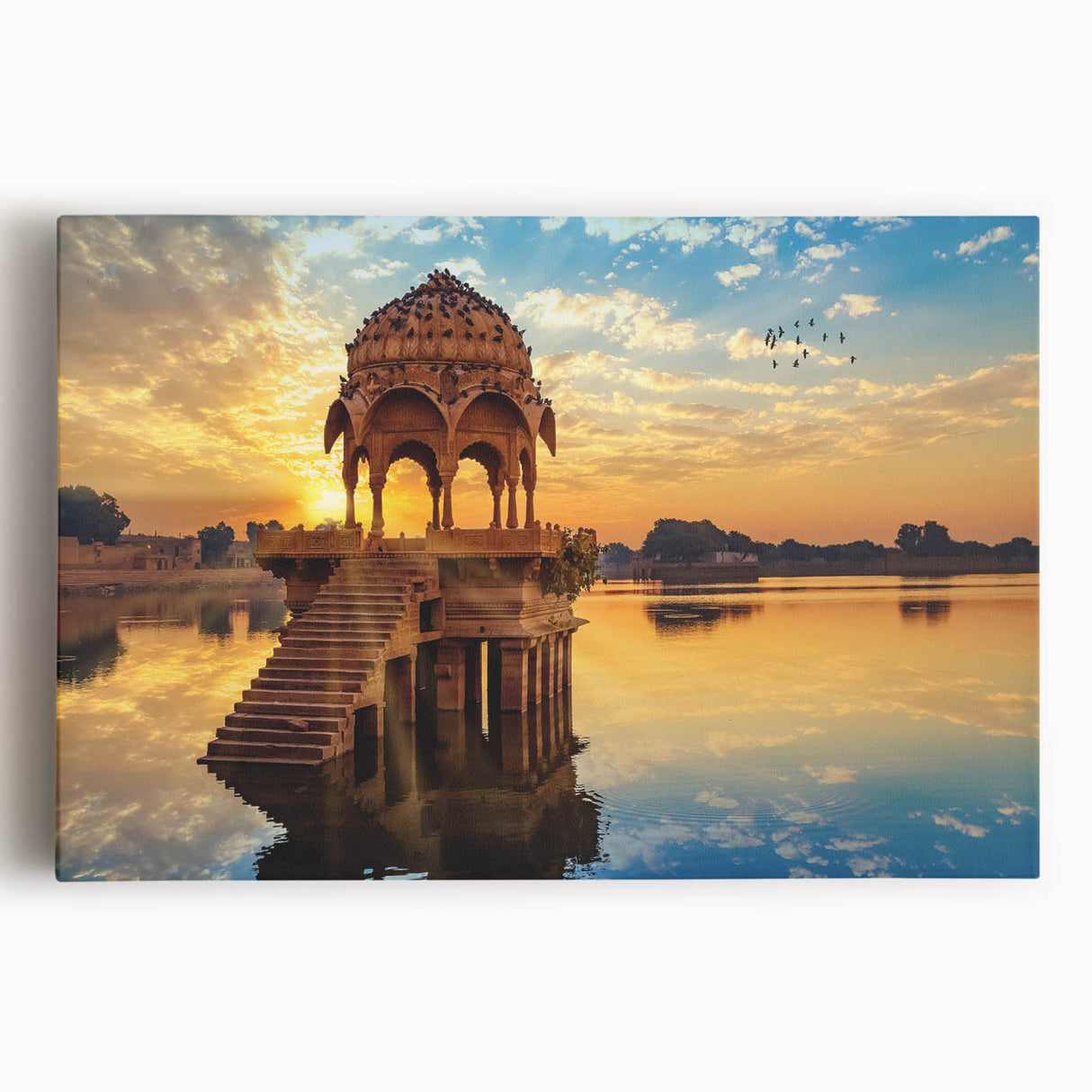Large black and white stretched canvas of an Indian cityscape, ideal for kitchen wall art.