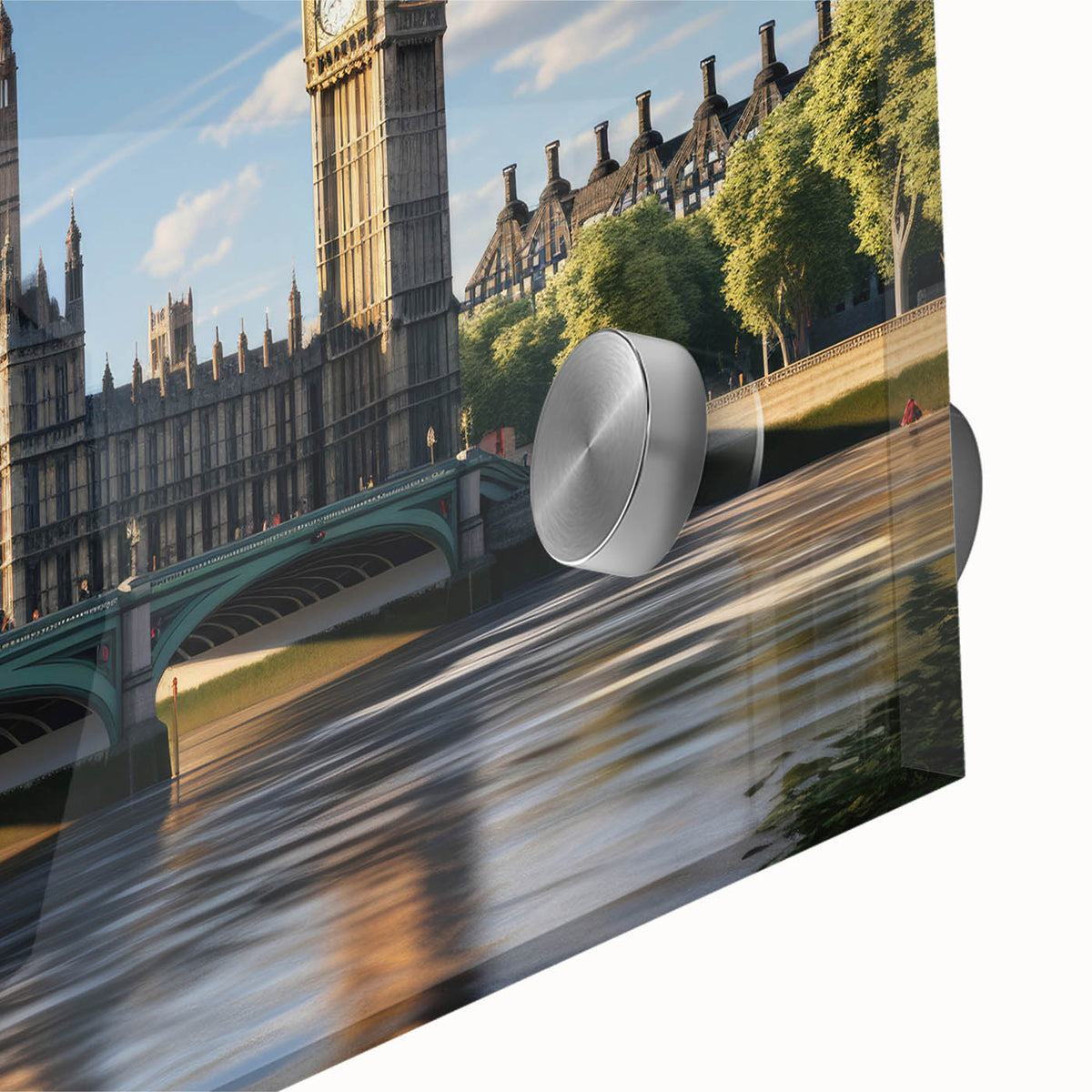 Large abstract depiction of London skyline in muted gray and blue tones on acrylic glass, ideal for dining room art.