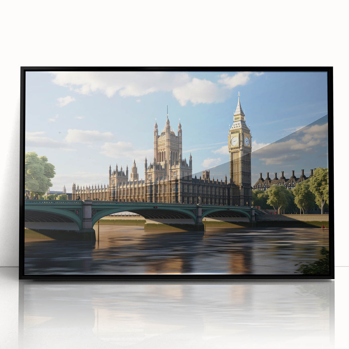 Large abstract wall art depicting a stylized London skyline in muted gray and black tones on a framed acrylic panel.