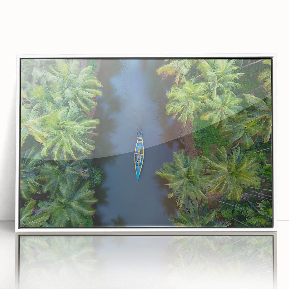 Art deco poster featuring an abstract Indian landscape in muted earth tones on a framed acrylic.