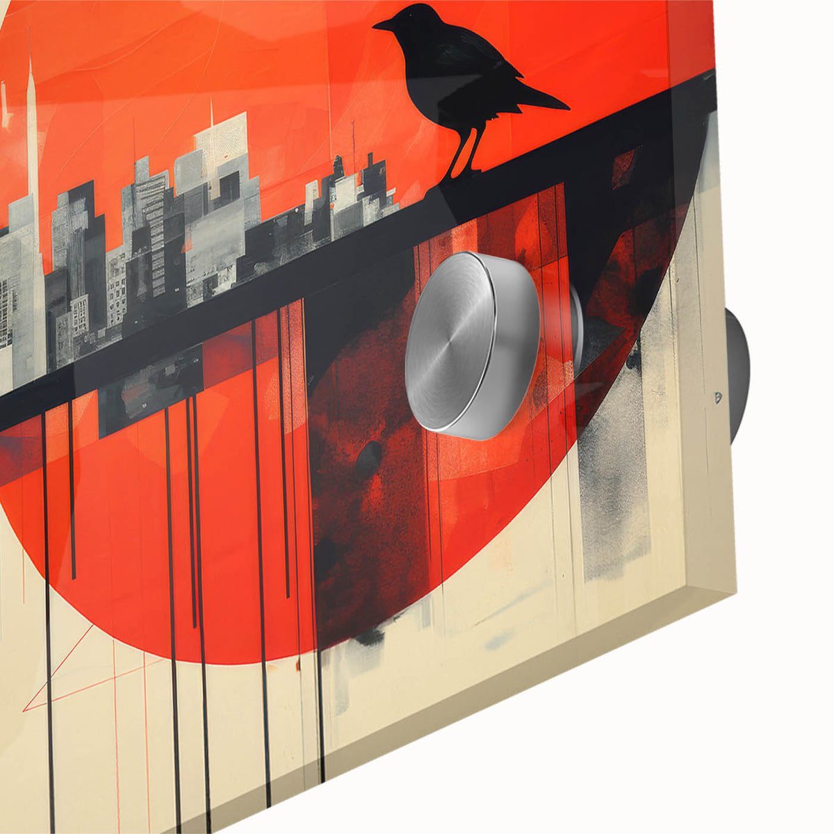 Large abstract wall art depicting the London skyline in muted blue and gray tones on acrylic glass.