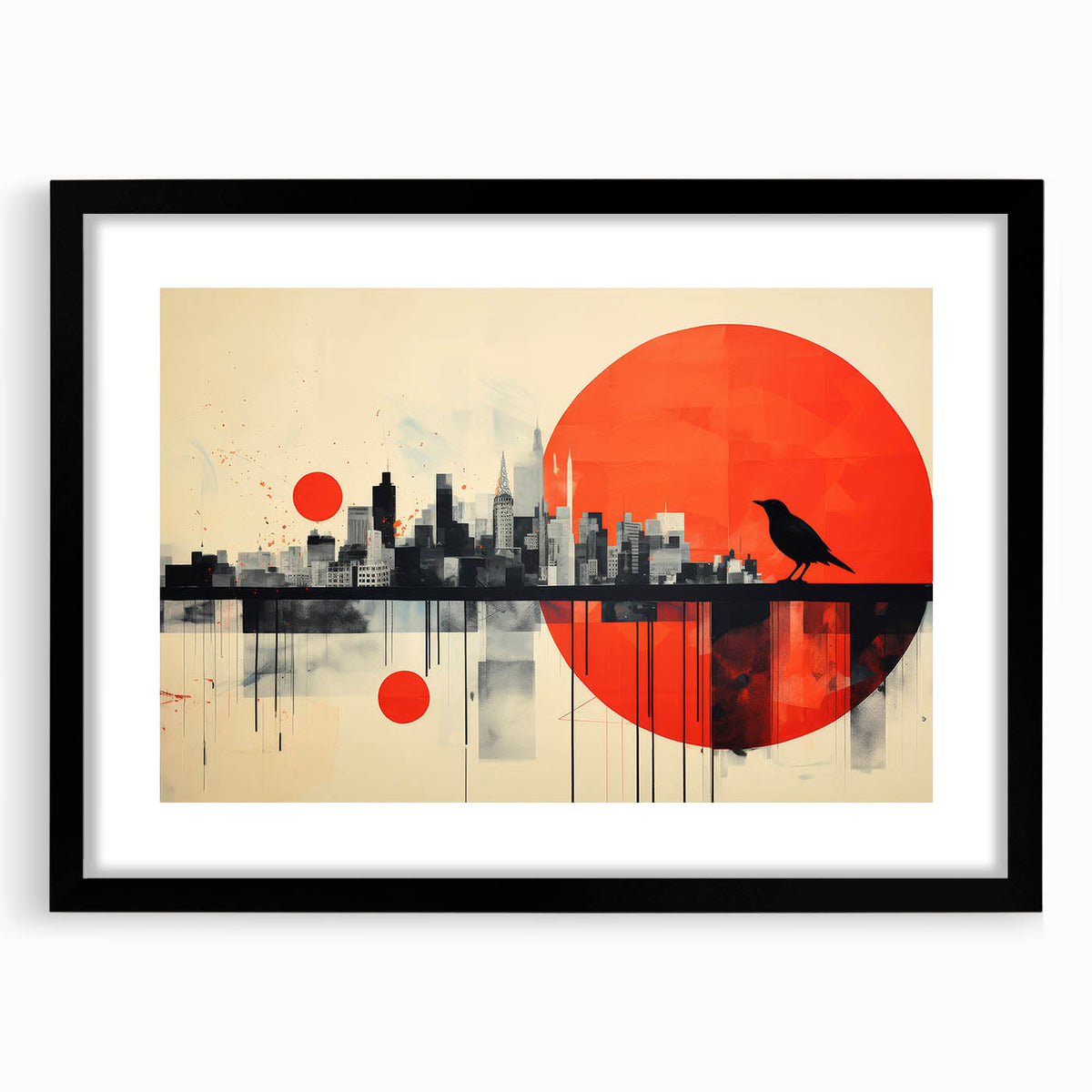 Extra large abstract art print of colorful London scenery on textured canvas, framed in black, ideal for living room decor.