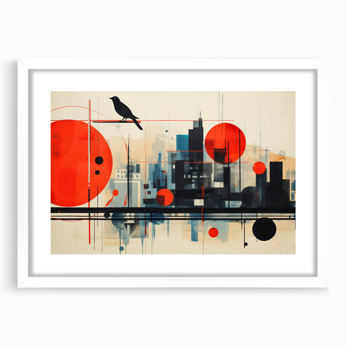 Textured art print of abstract London skyline in muted gray and blue tones on a framed white mat, suitable for bedroom decor.