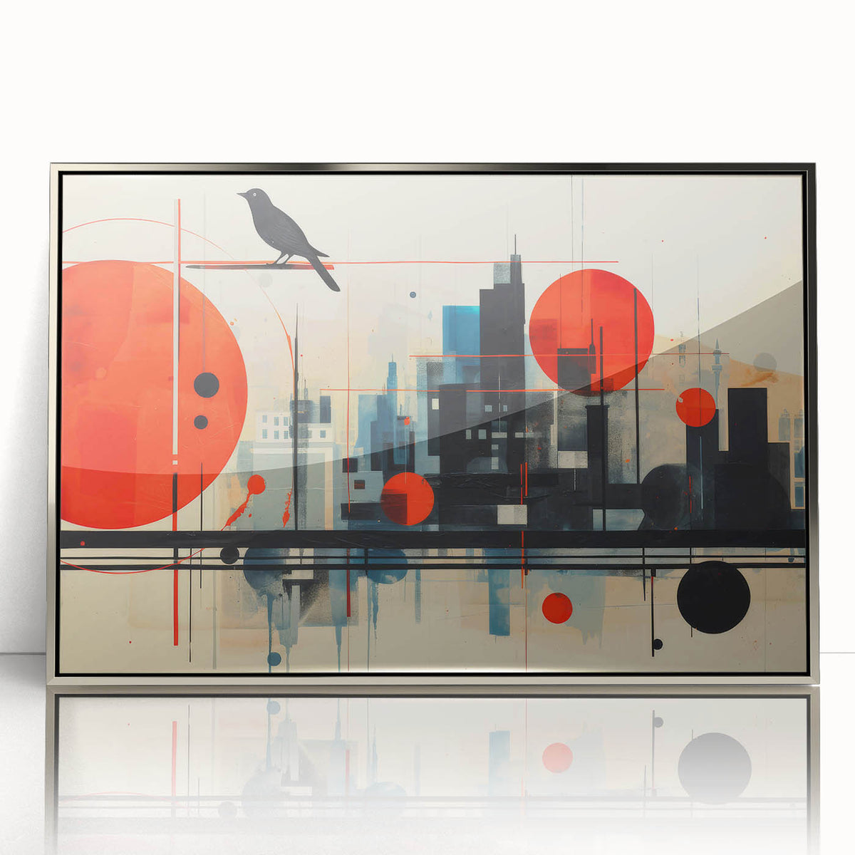 Large art print of London scenery in mid-century modernist style, featuring silver framed acrylic.