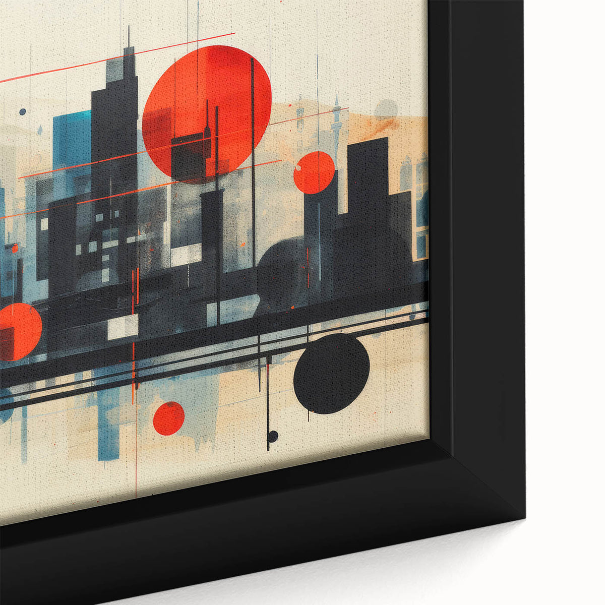 Extra large framed canvas featuring a textured depiction of the London skyline in black with colorful accents.