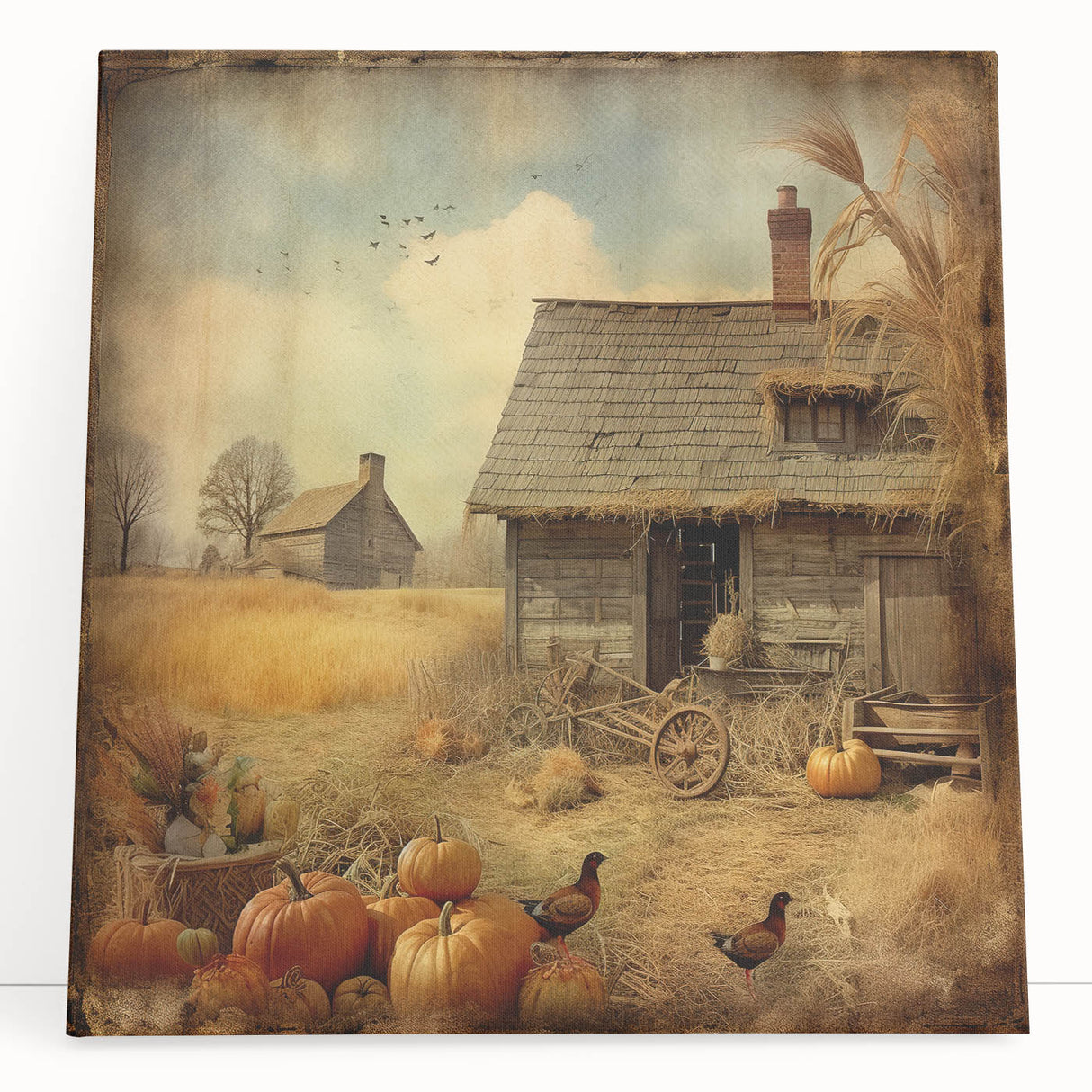 Farmhouse Style Wall Decor with Pumpkins and Barn - Country Style Art