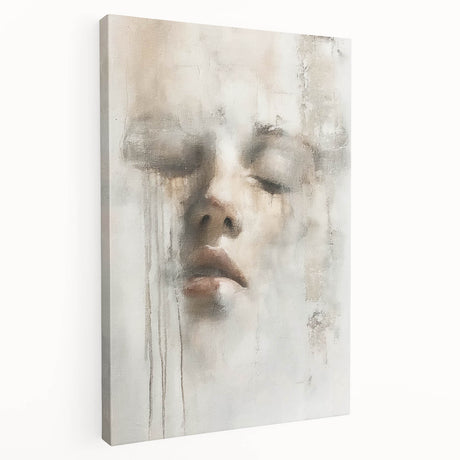 Abstract figurative wall art on stretched canvas showcasing vibrant colors and dynamic shapes, ideal for modern decor. Side view highlights the canvas's thickness and texture.