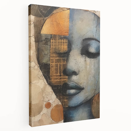 Abstract figurative wall art on stretched canvas showcasing vibrant colors and dynamic shapes, displayed in a side view to highlight its depth and texture.