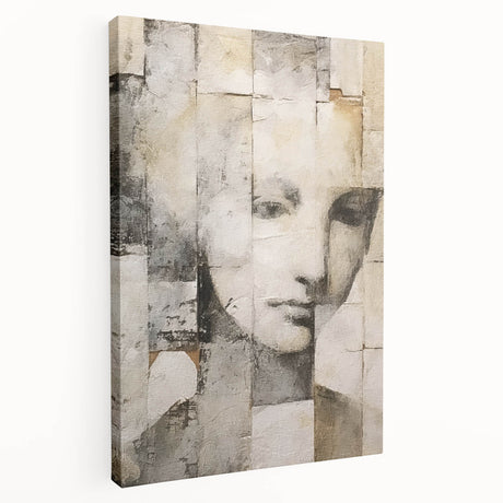 Abstract figurative wall art on stretched canvas showcasing vibrant colors and dynamic shapes, perfect for modern home decor, displayed in a side view.