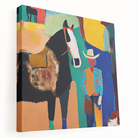 Abstract figurative wall art on stretched canvas showcasing vibrant colors and dynamic shapes, viewed from the side, ideal for modern decor and artistic expression.