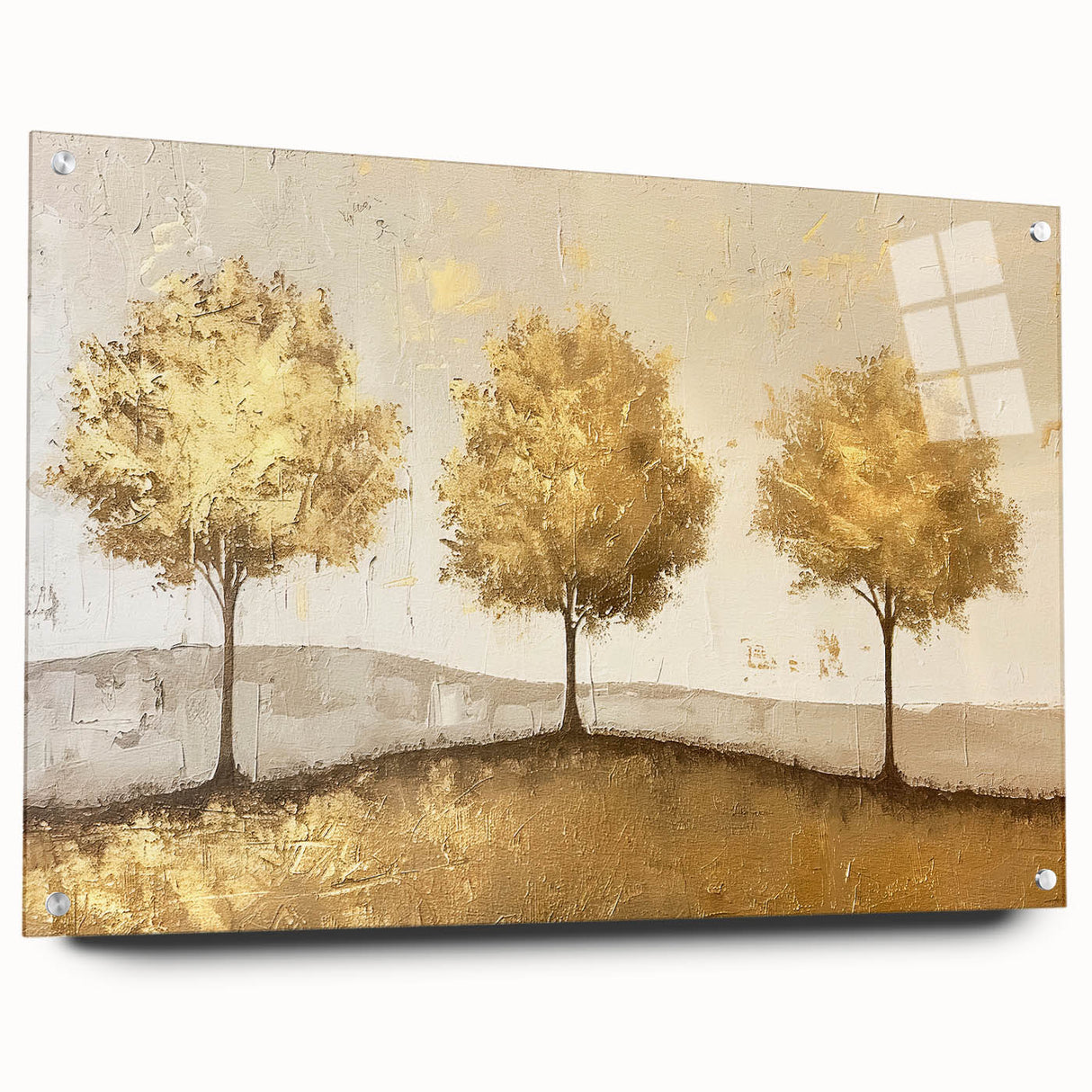 Abstract landscape wall art featuring vibrant acrylic colors displayed in a sleek glass frame, showcasing a side view with decorative pins for mounting.