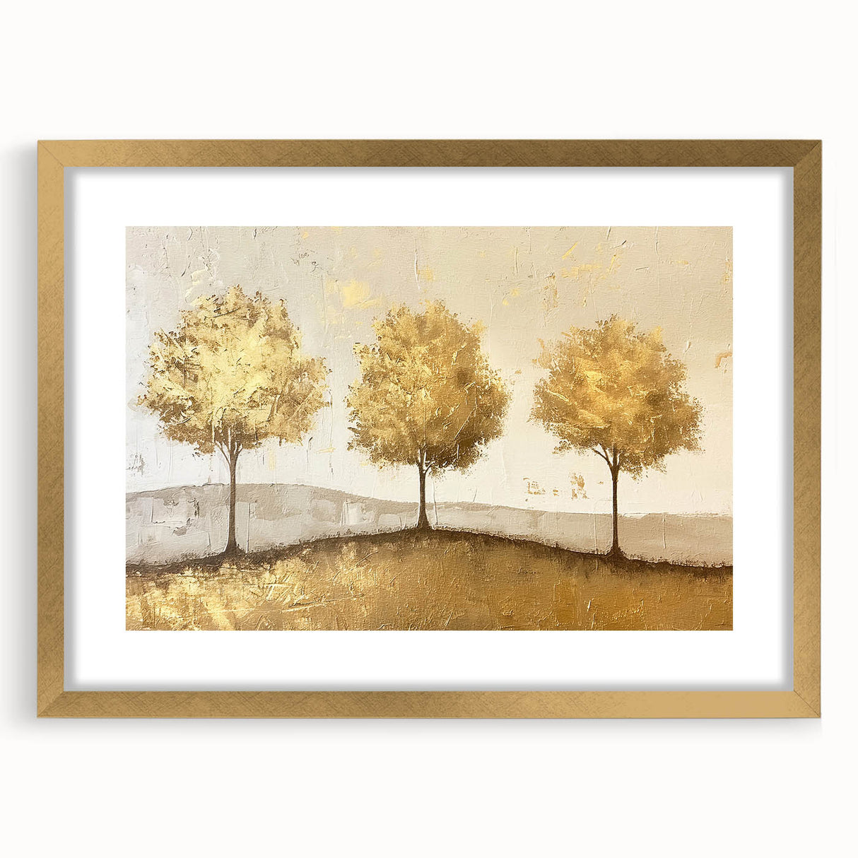 Abstract landscape wall art framed in gold, showcasing vibrant colors and intricate patterns, perfect for home decor and enhancing modern interiors.