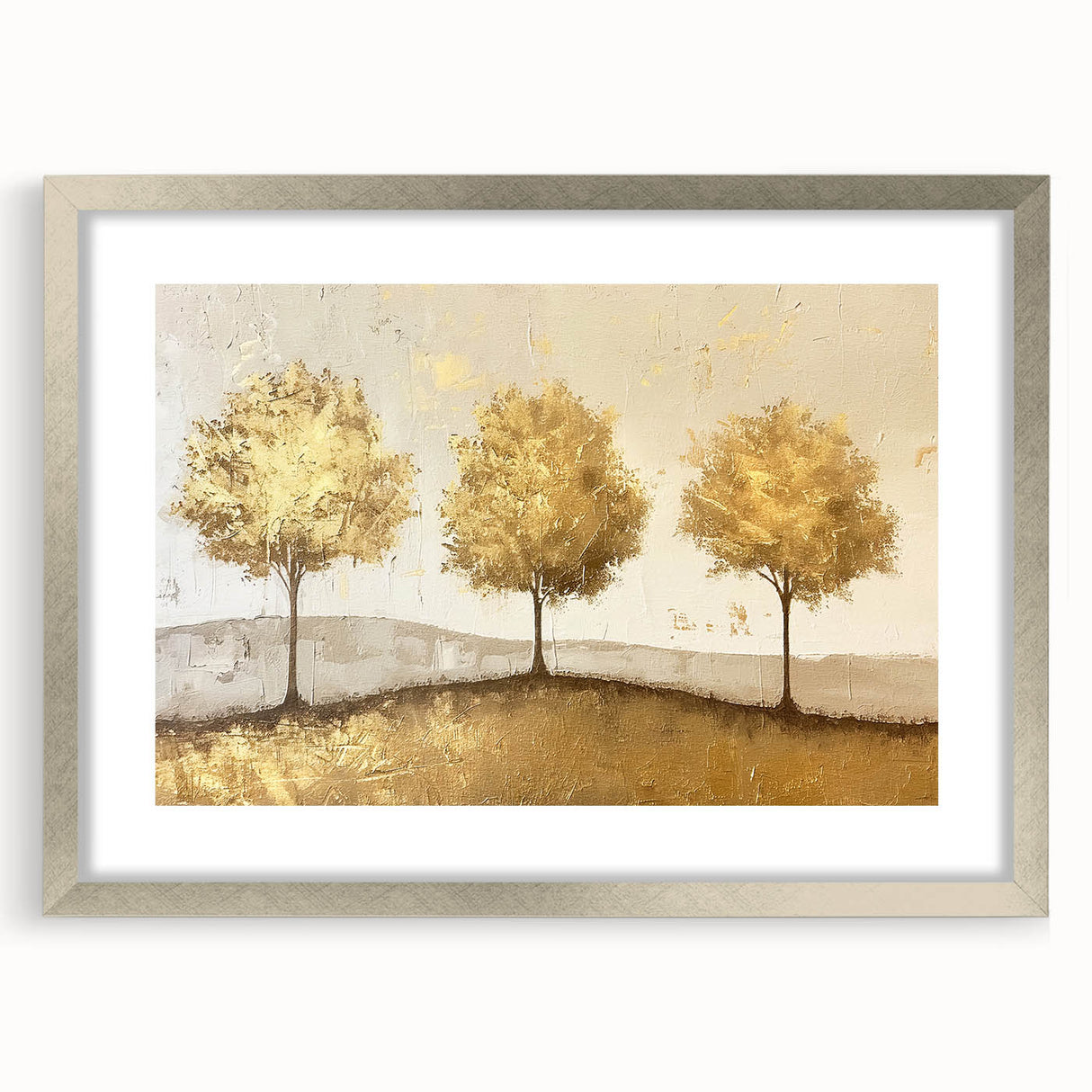 Abstract landscape wall art framed with a silver mat, showcasing vibrant colors and dynamic shapes, perfect for adding modern elegance to any room décor.