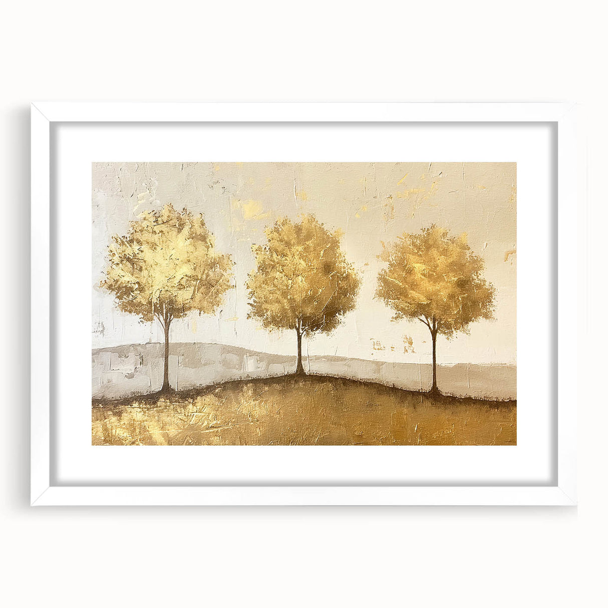 Abstract landscape wall art framed with a white mat, showcasing vibrant colors and fluid shapes, perfect for modern home decor or office spaces.