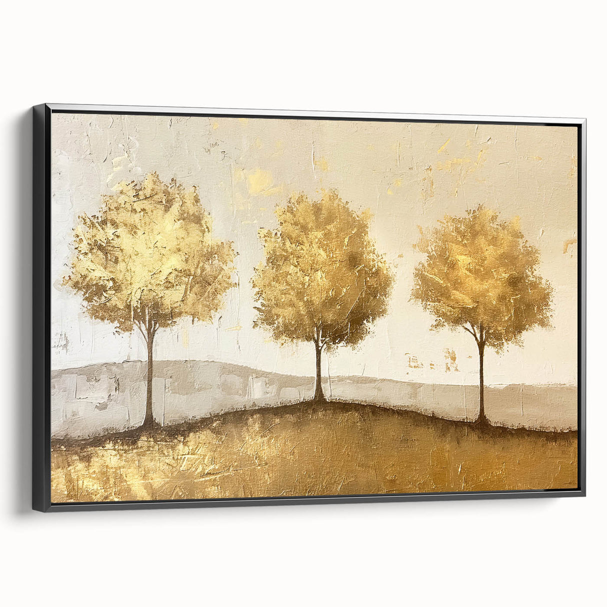 Framed abstract landscape wall art on a black canvas, showcasing vibrant colors and textured details, perfect for modern home decor. Side view highlights the sleek frame design, adding elegance to any room.