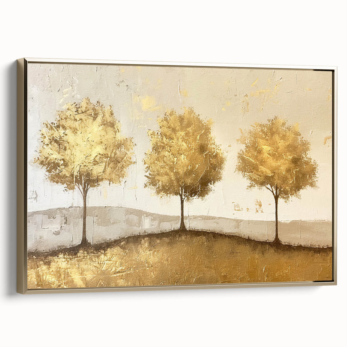 Framed abstract landscape wall art featuring a gold-accented design, showcasing vibrant colors and modern aesthetics, ideal for home decor enhancement.