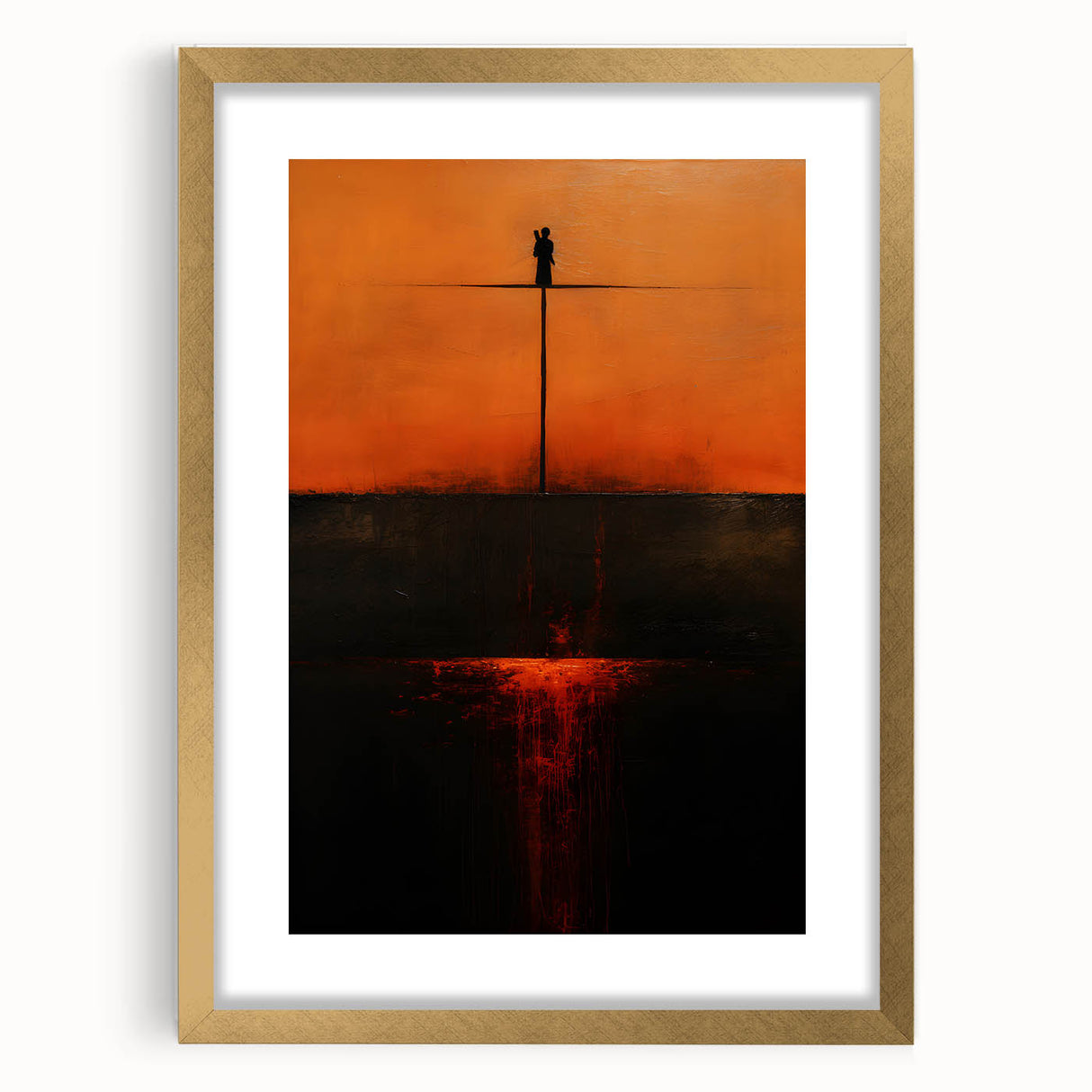 Abstract strokes wall art framed with a gold mat, showcasing vibrant colors and dynamic patterns, perfect for modern decor in living spaces or offices.