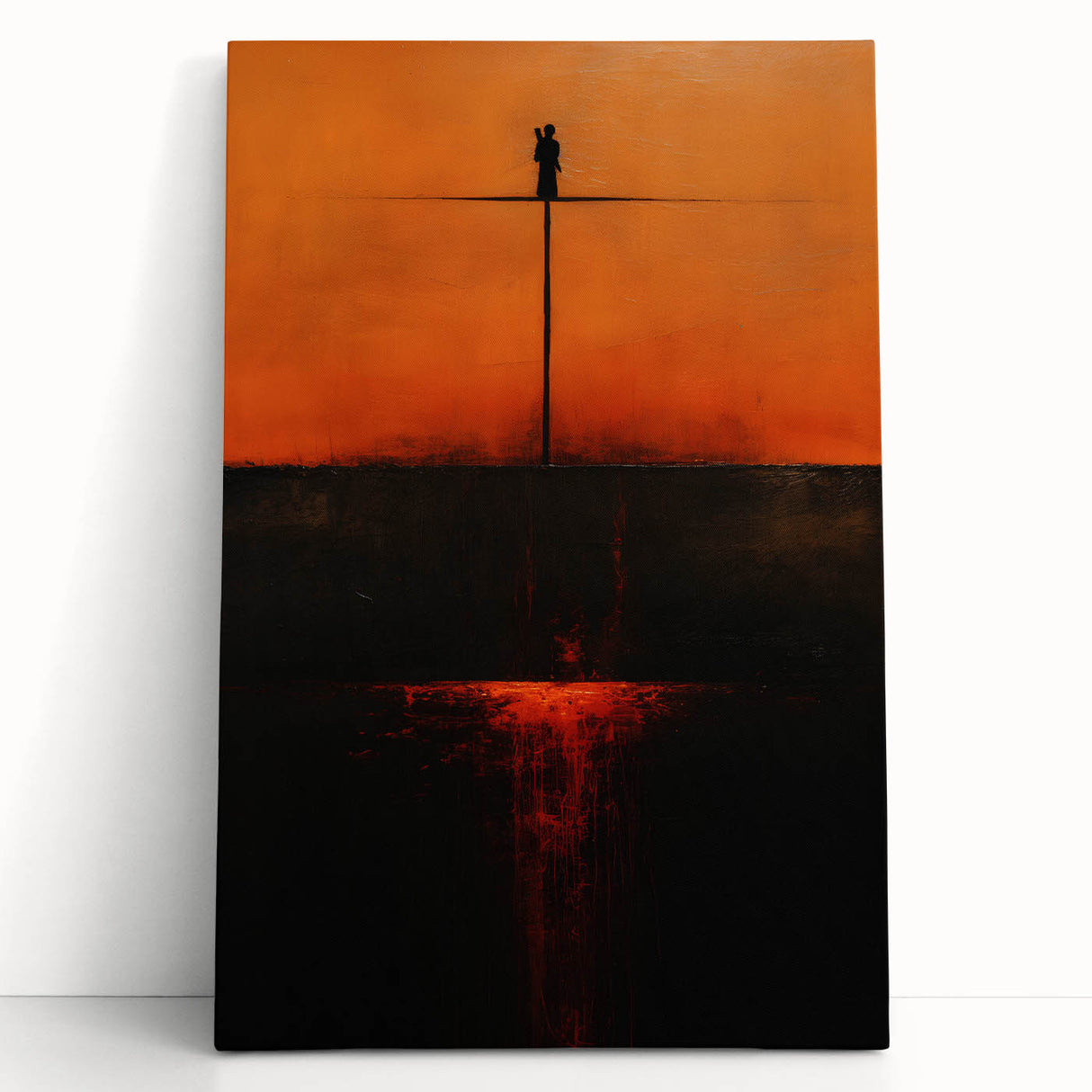 Abstract wall art with vibrant strokes in blue, orange, and yellow hues, displayed on a stretched canvas, leaning against a neutral wall, perfect for modern decor.